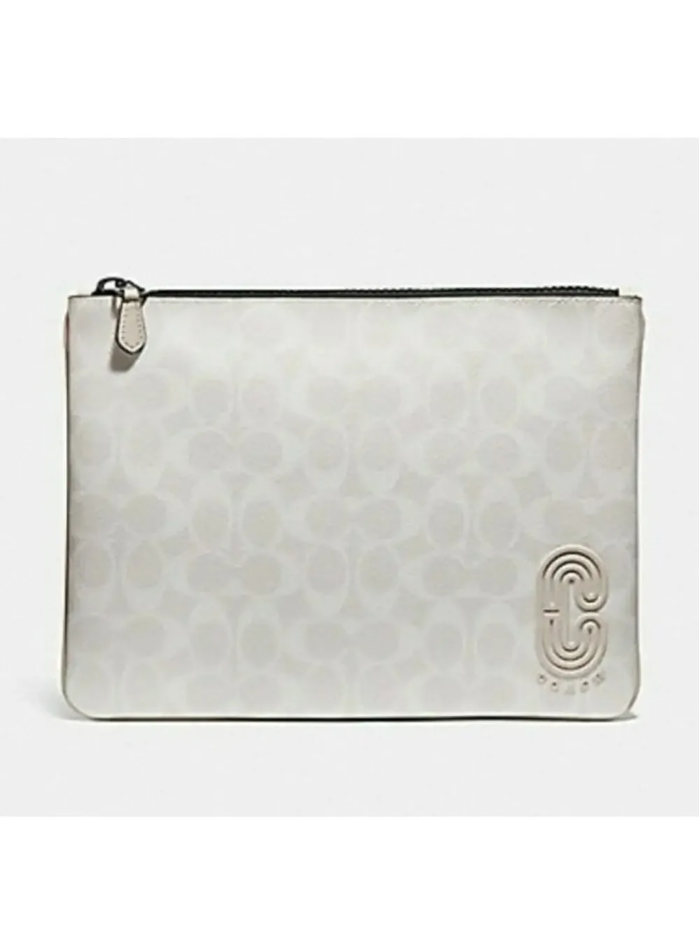 COACH Signature Canvas Large Pouch Chalk Steam Patch Clutch Bag 1314